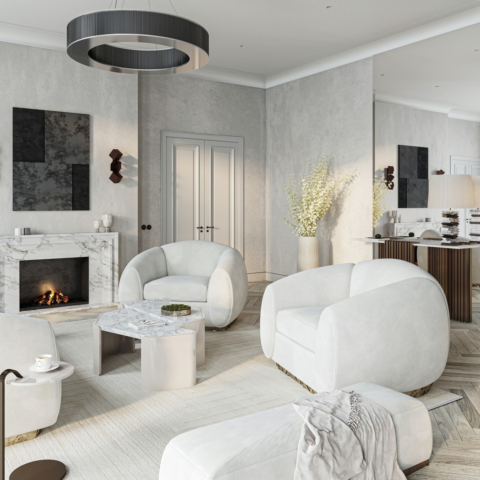 10. Refined Gray and White Living Room with Marble Accents - gray and white living room ideas