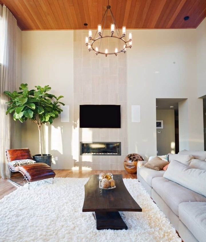 11. Warm Gray and White Living Room with Wood Ceiling Detail - gray and white living room ideas
