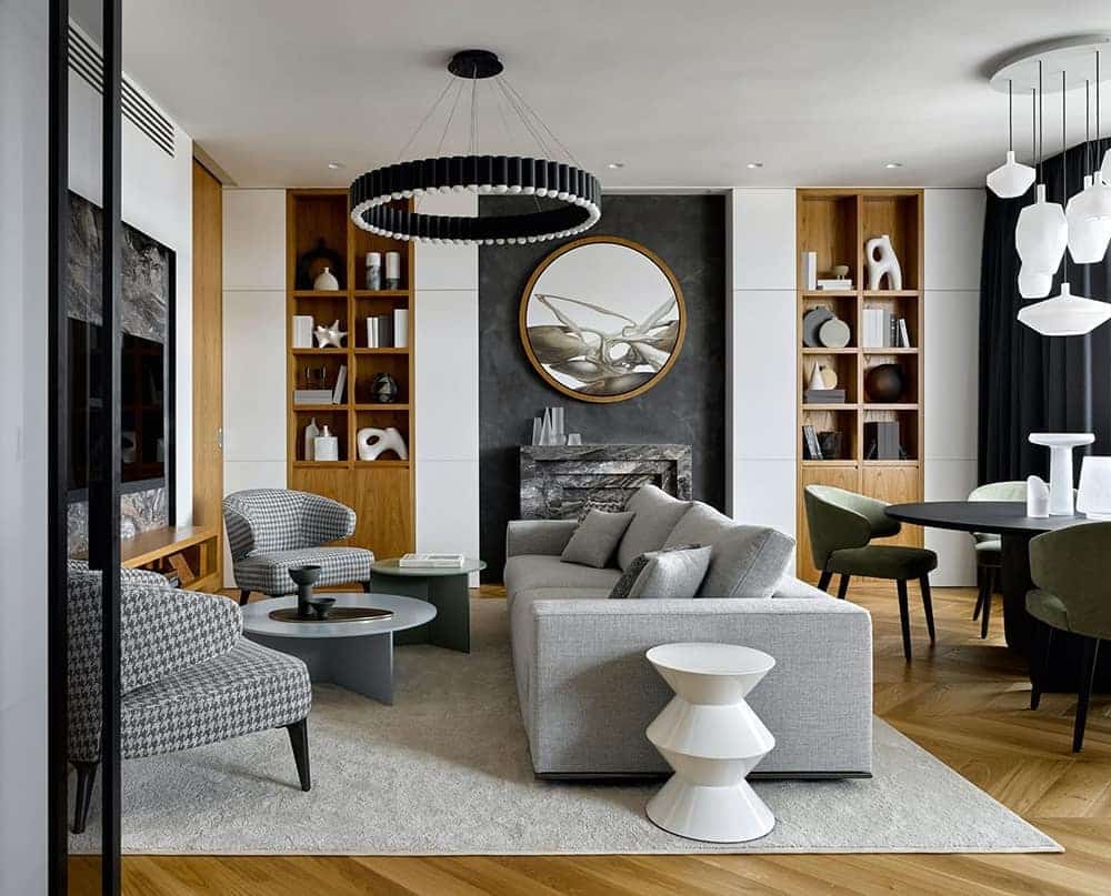 13. Modern Gray and White Living Room with Integrated Shelving - gray and white living room ideas