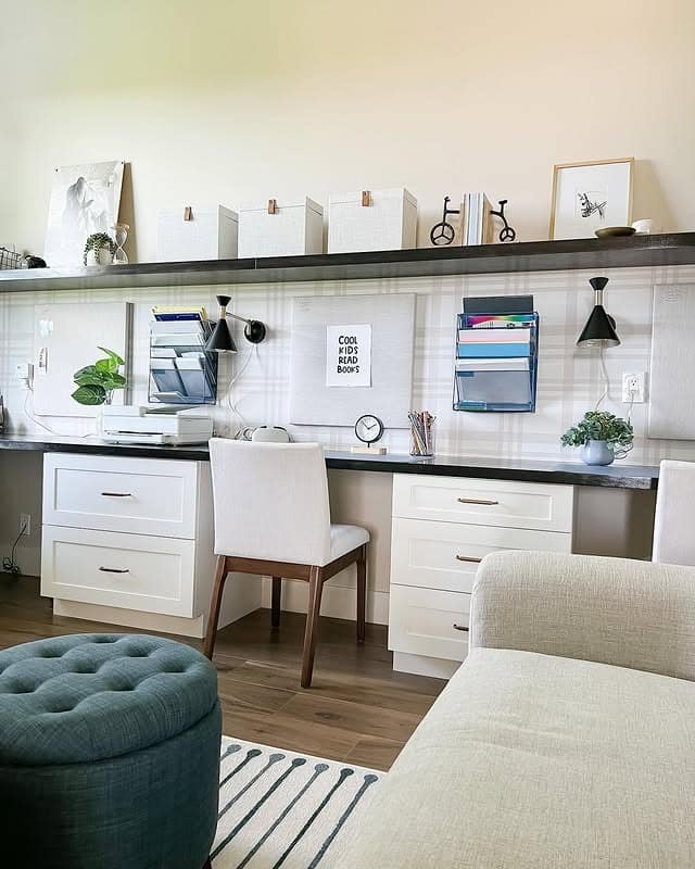 4. Bright White Shared Office Guest Workspace - office guest room ideas