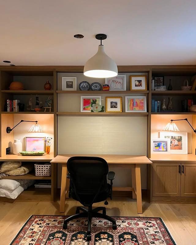 9. Warm Wood Built-In Office Nook - office guest room ideas