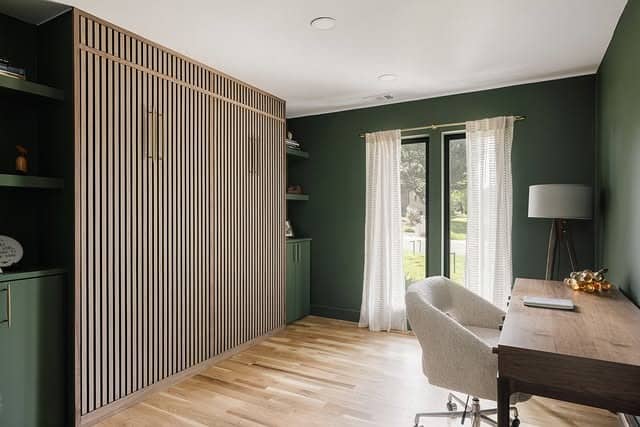 11. Forest Green Slatted Wall Office Guest Room - office guest room ideas