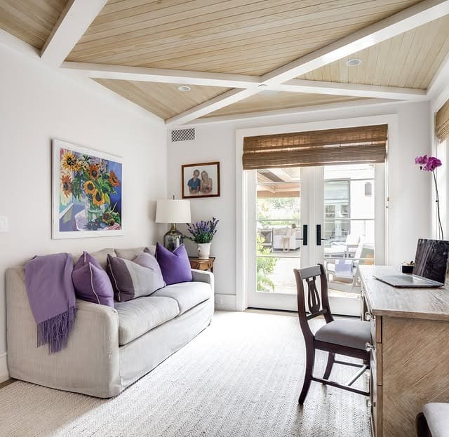 14. Neutral Office Guest Room with Wood Beam Ceiling - office guest room ideas