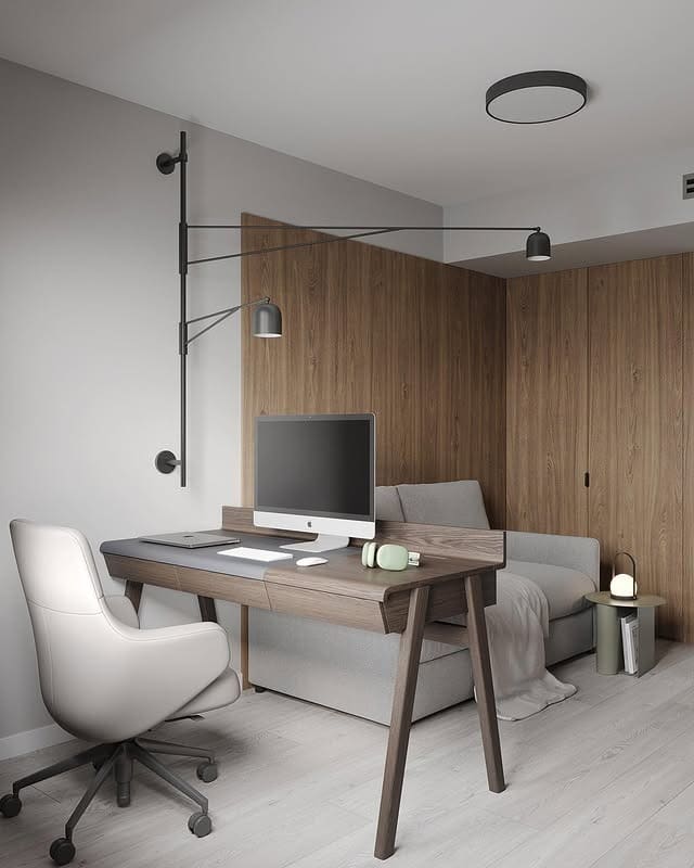17. Modern Wood and Gray Office Guest Suite - office guest room ideas