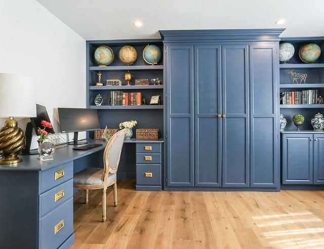 21. Classic Blue Built-In Office Guest Room - office guest room ideas