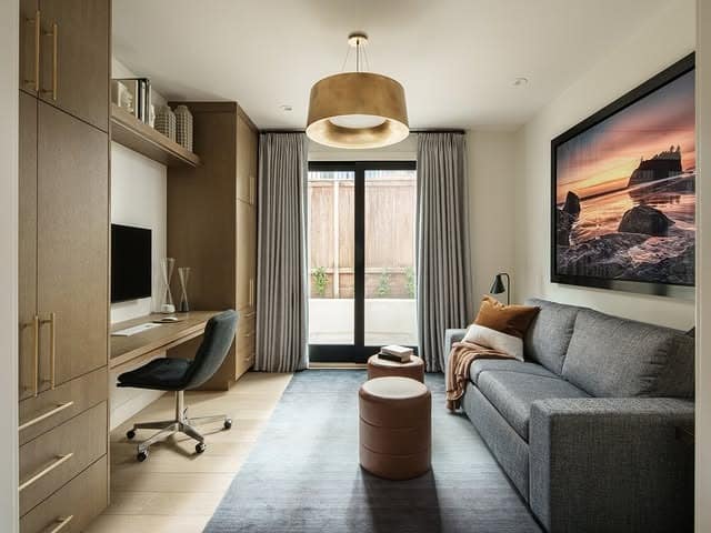 22. Warm Neutral Office Guest Room with Integrated Workspace - office guest room ideas