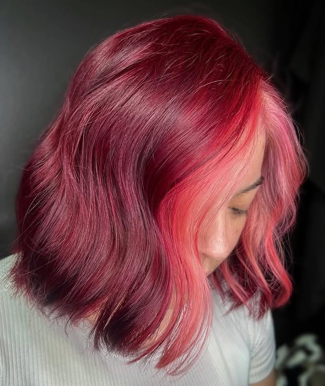 11. Soft Layered Bob with Raspberry Red Blend - Deep Red Hair Color