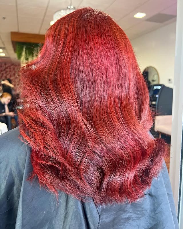 13. Long Waves with Classic True Red Finish - Deep Red Hair Color