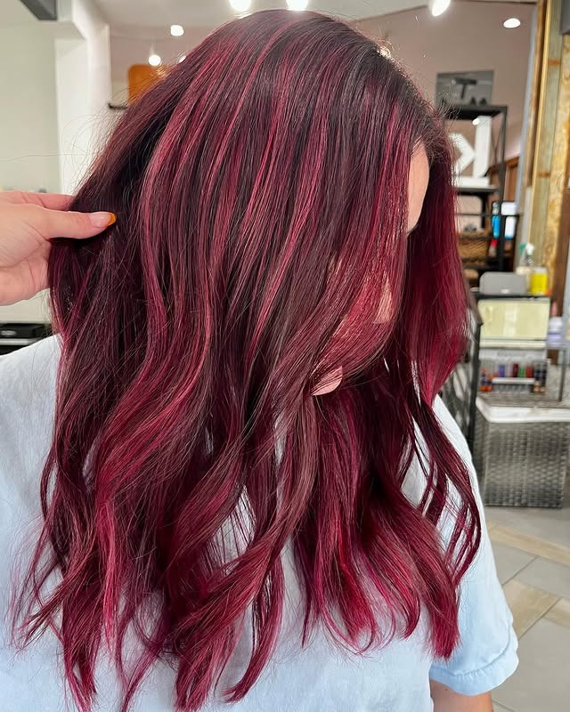 16. Dimensional Burgundy Waves with Fine Highlights - Deep Red Hair Color