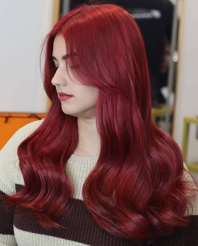 18. Long Straight Hair with Deep Ruby Red Gloss - Deep Red Hair Color