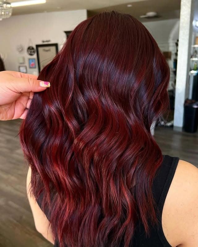 21. Long Waves with Rich Mahogany Red Dimension - Deep Red Hair Color