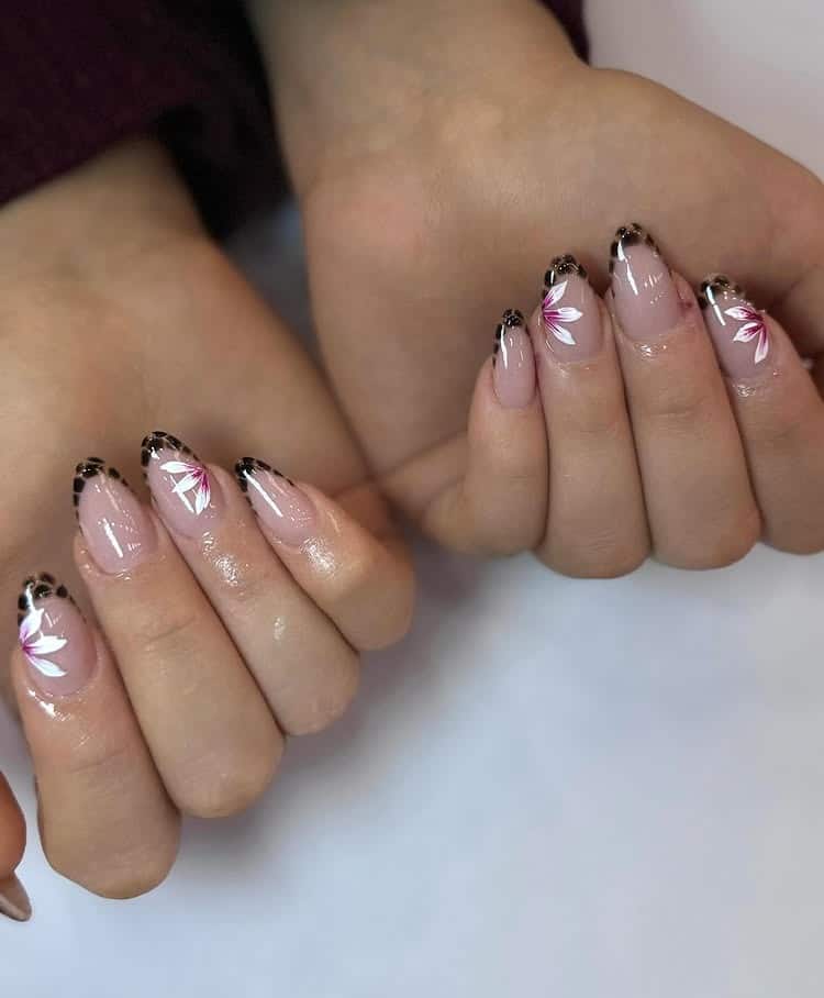 6. Micro French Floral Tips in Blush and Espresso - luxury nail ideas