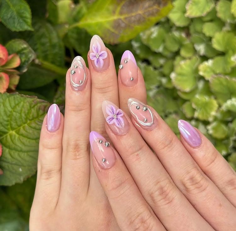 10. Lilac Glass Florals with Crystal Accents - luxury nail ideas