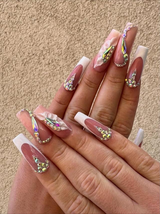 13. Sculpted Crystal French in Blush and White - luxury nail ideas