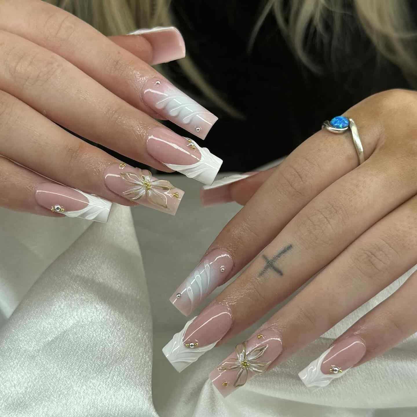 17. Modern French Florals in Blush and White - luxury nail ideas