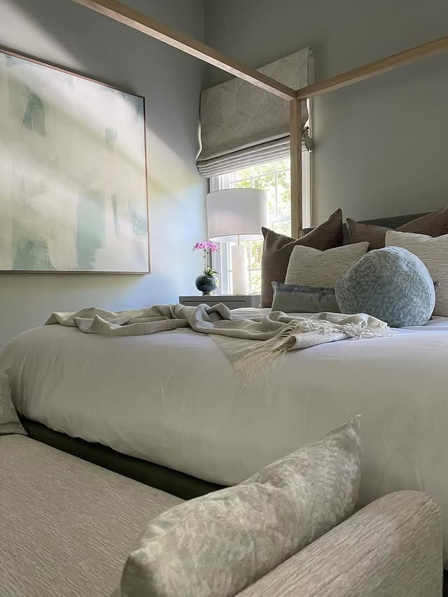 21. Soft Mint Layered Neutral Bedroom - mint green bedroom ideas