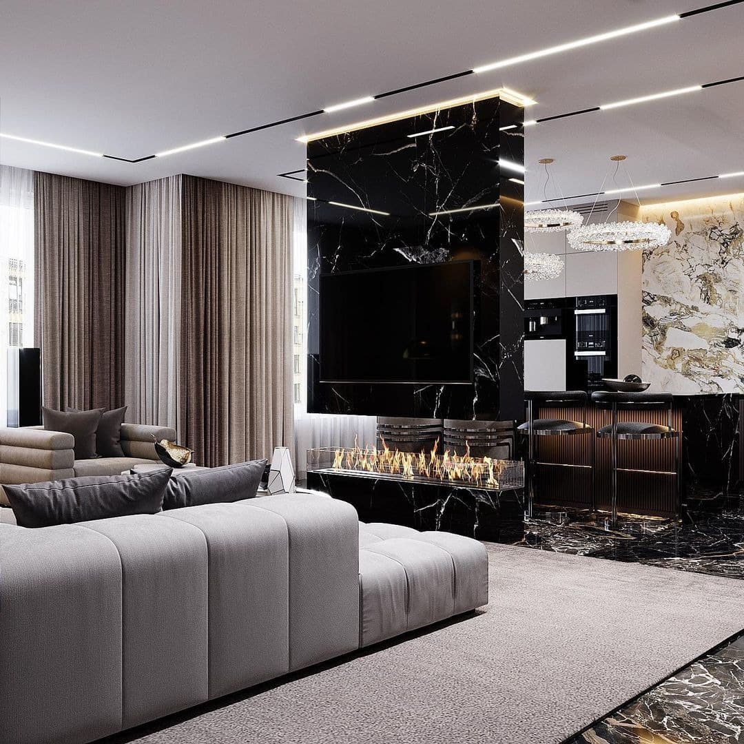 3. Contemporary Luxury Open Concept with Black Marble and Soft Gray - open kitchen living room ideas