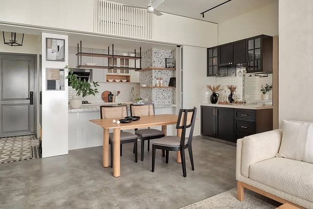 4. Soft Modern Open Kitchen Living with Beige and Charcoal - open kitchen living room ideas