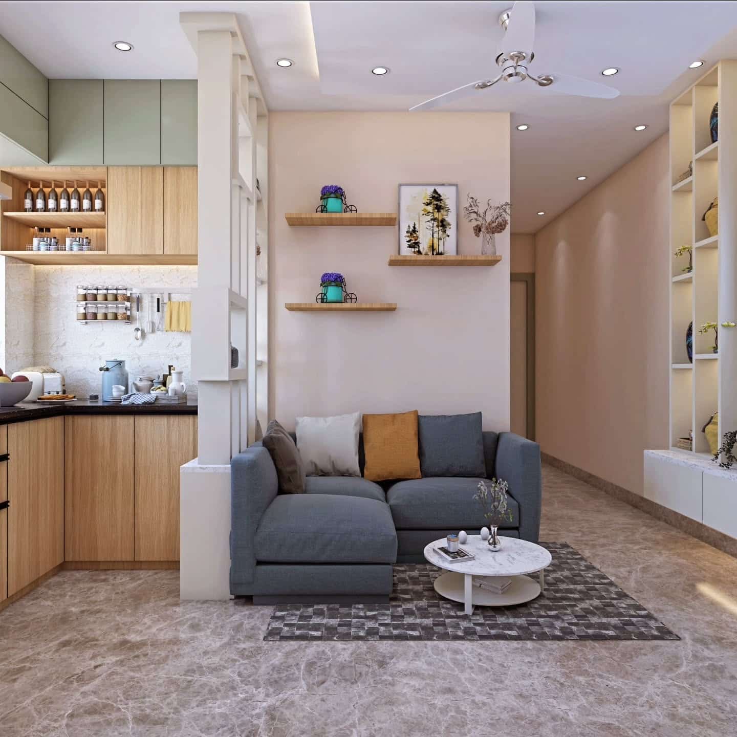 5. Compact Urban Open Living with Light Wood and Warm Gray - open kitchen living room ideas