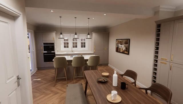 6. Refined Neutral Open Plan with Taupe and Muted Olive - open kitchen living room ideas