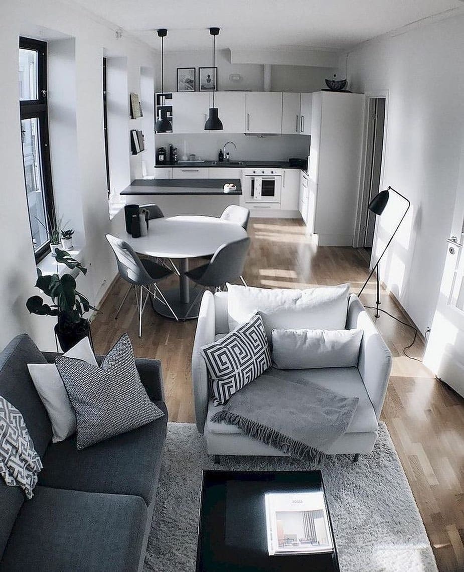 7. Scandinavian-Inspired Open Living with White and Soft Gray - open kitchen living room ideas