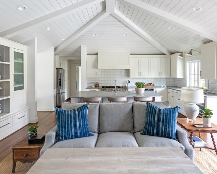 8. Coastal Open Concept Living with Light Blue and Natural Wood - open kitchen living room ideas