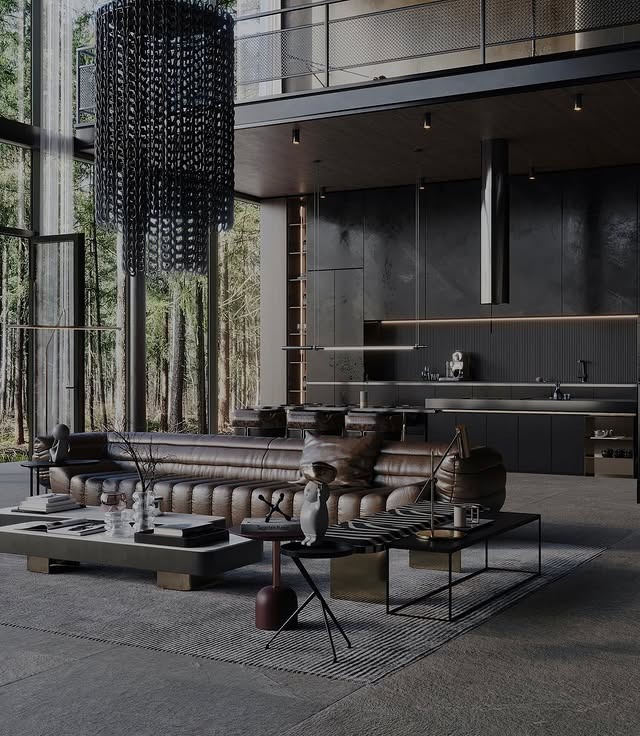 9. Modern Loft-Style Open Living with Charcoal and Deep Brown - open kitchen living room ideas