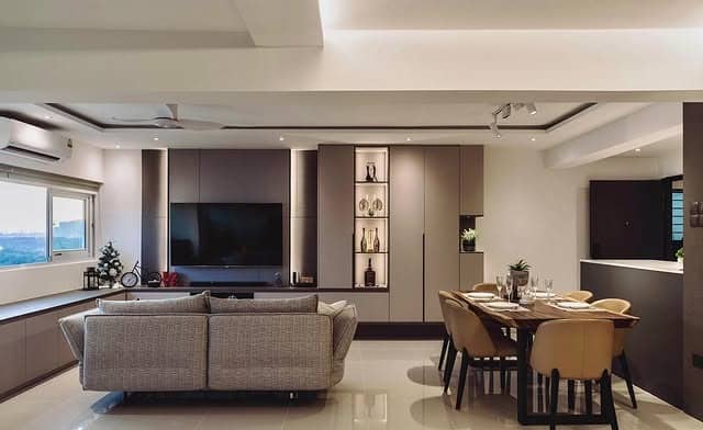 15. Urban Contemporary Open Living with Taupe and Warm Brown - open kitchen living room ideas