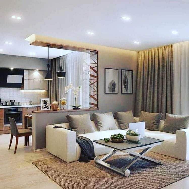 17. Modern Minimal Open Living with Beige and Warm Gray - open kitchen living room ideas