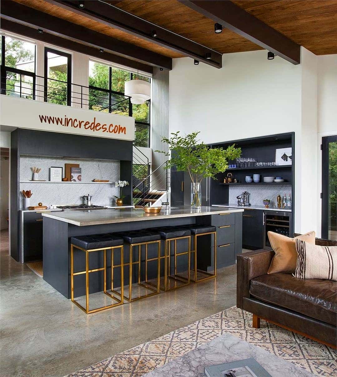 19. Industrial Modern Open Living with Charcoal and Brass - open kitchen living room ideas