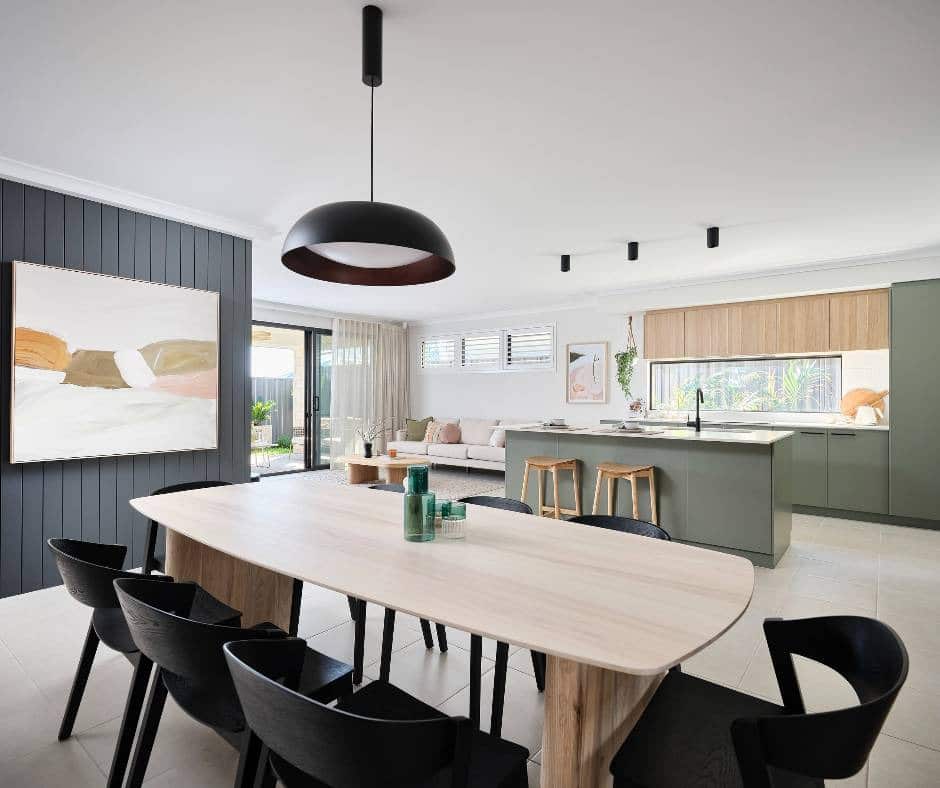 20. Contemporary Open Plan Living with Olive Green and Light Wood - open kitchen living room ideas