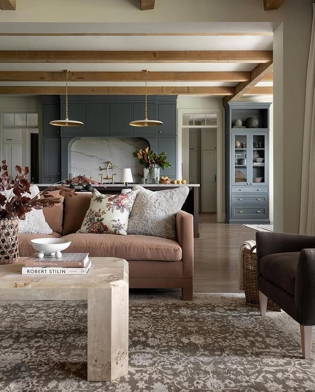 21. Refined Farmhouse Open Kitchen Living with Blue Gray and Soft Wood - open kitchen living room ideas