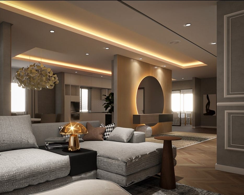 22. Modern Sculptural Open Living with Warm Gray and Soft Gold - open kitchen living room ideas