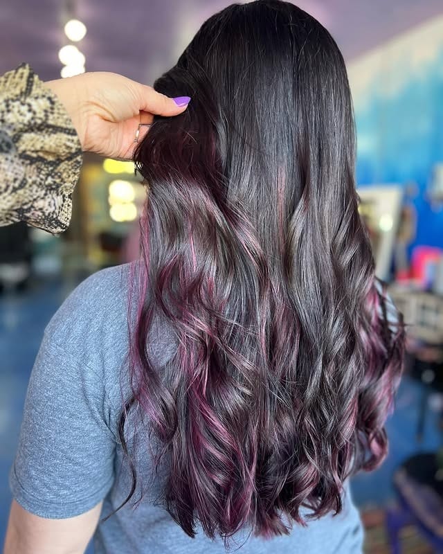 7. Long Waves with Burgundy Lowlighting - Black Hair with Highlights