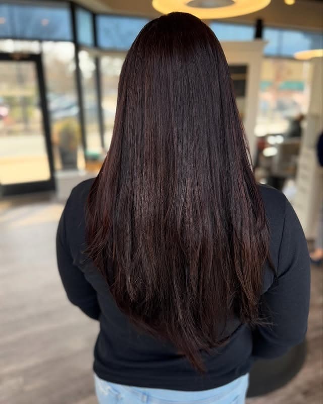 11. Long Straight Layers with Subtle Burgundy Dimension - Black Hair with Highlights