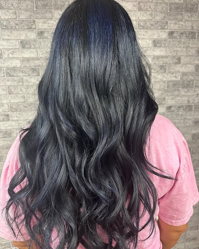 13. Long Loose Waves with Blue-Black Depth - Black Hair with Highlights