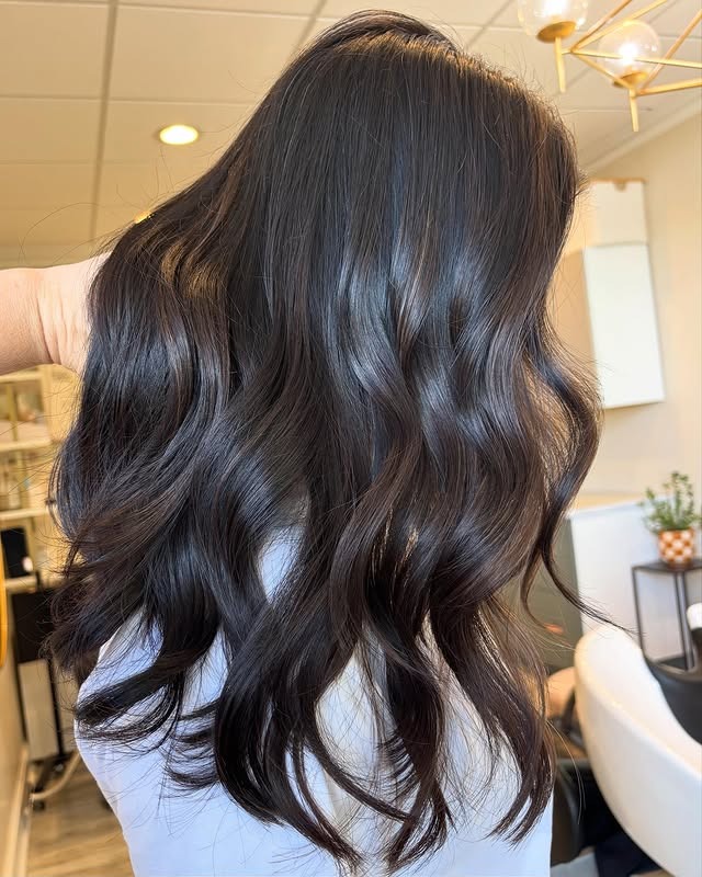 16. Long Sculpted Waves with Espresso Brown Shine - Black Hair with Highlights