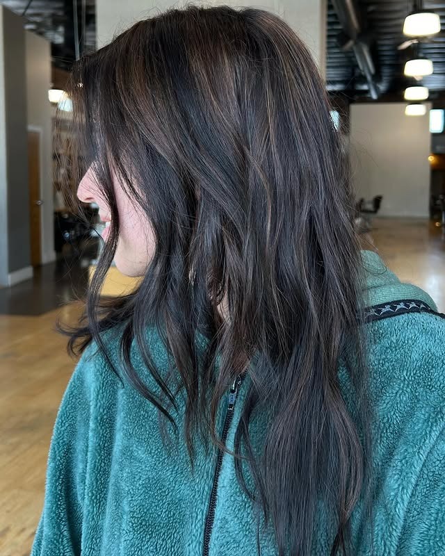 17. Medium-Length Waves with Smoky Brown Blending - Black Hair with Highlights