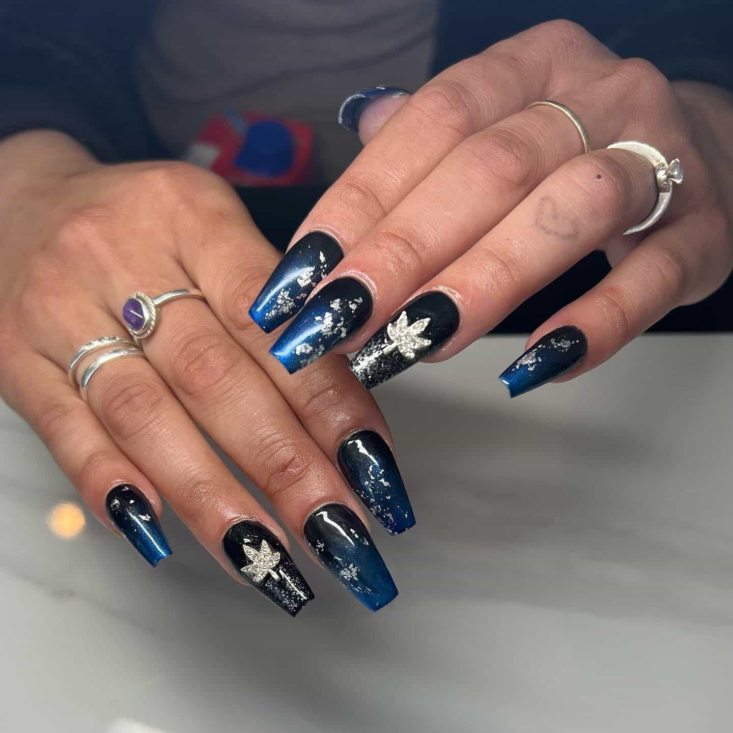 3. Midnight Blue Ombre Coffin Nails - medium length coffin nail ideas