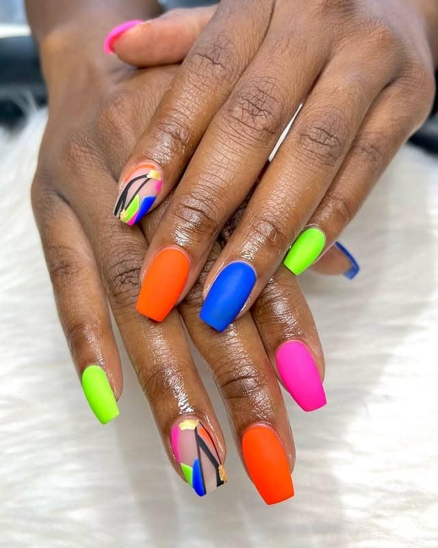 8. Neon Color Block Coffin Nails - medium length coffin nail ideas