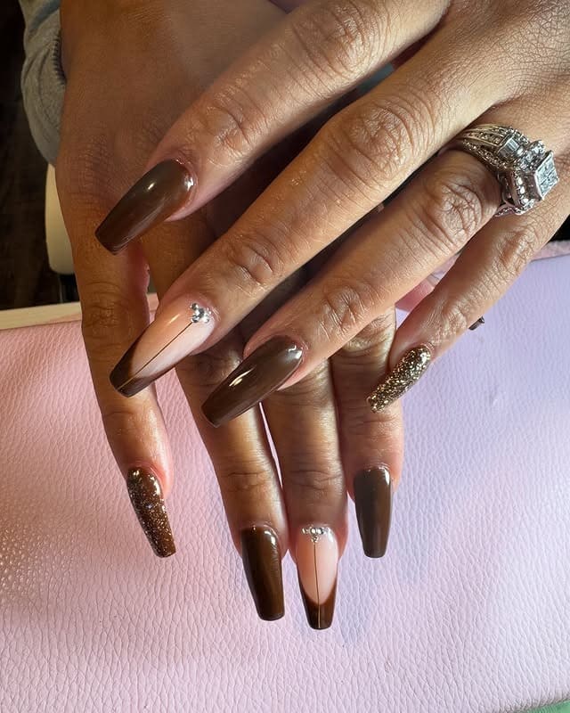 13. Chocolate Brown and Nude Coffin Nails - medium length coffin nail ideas