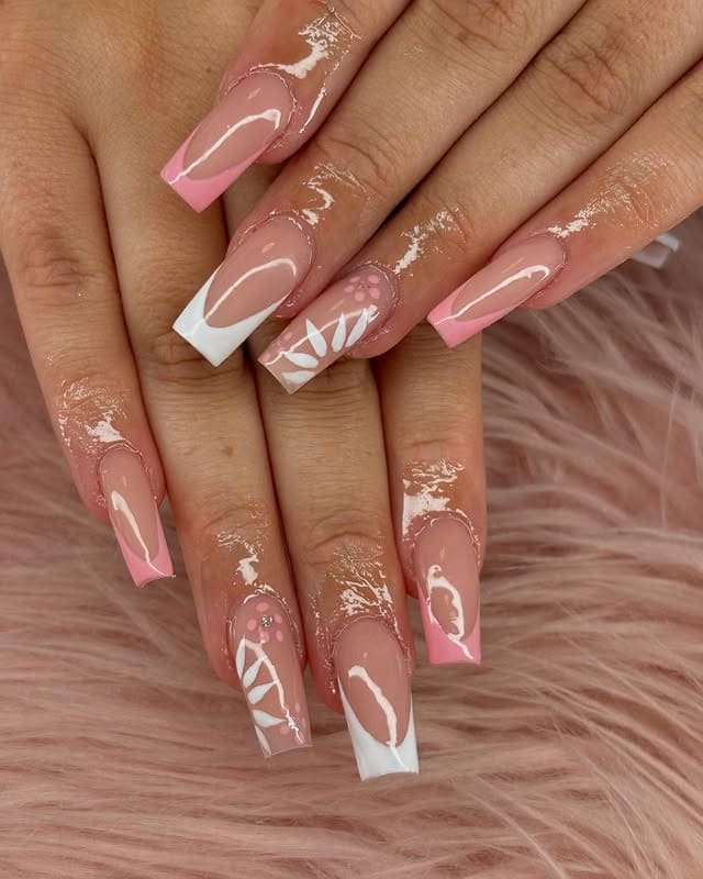 16. Pink and White Floral Coffin Nails - medium length coffin nail ideas