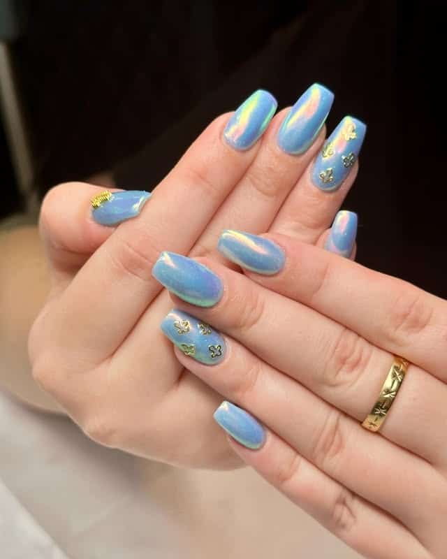 17. Iridescent Blue Coffin Nails with Gold Accents - medium length coffin nail ideas