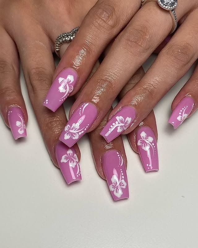 18. Mauve Coffin Nails with White Floral Art - medium length coffin nail ideas