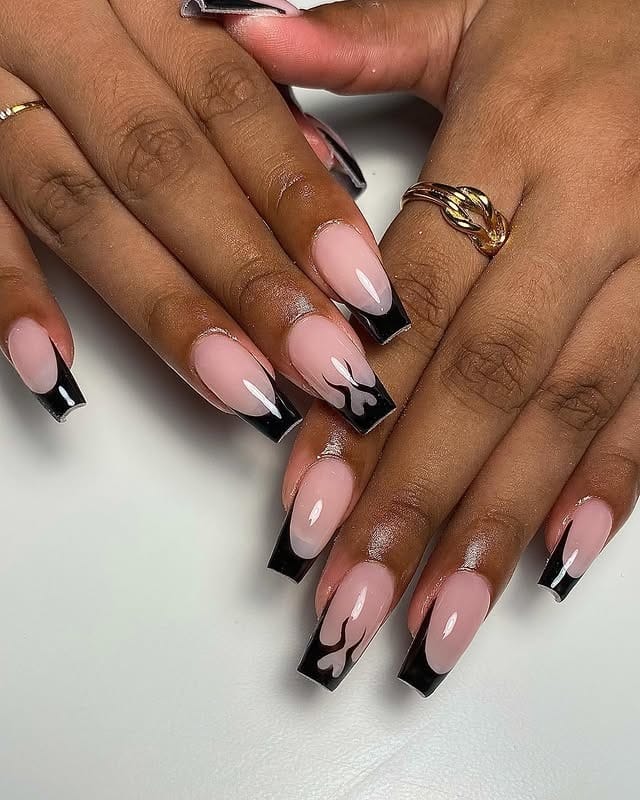 21. Blush and Black Flame Coffin Nails - medium length coffin nail ideas
