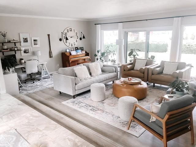 7. Light-Filled Living Room Office in Neutral Beige and White - living room office ideas