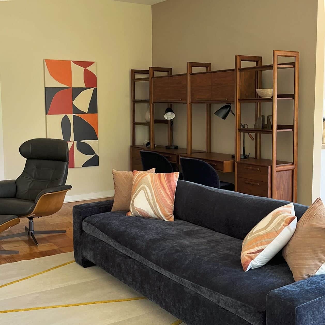 8. Mid-Century Living Room Office in Walnut and Charcoal - living room office ideas