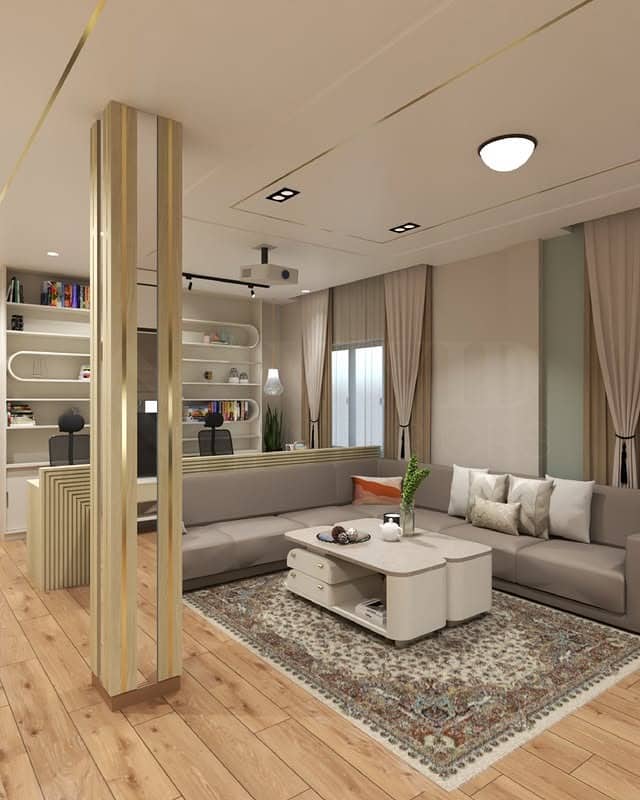 9. Contemporary Living Room Office with Soft Neutrals and Gold Accents - living room office ideas