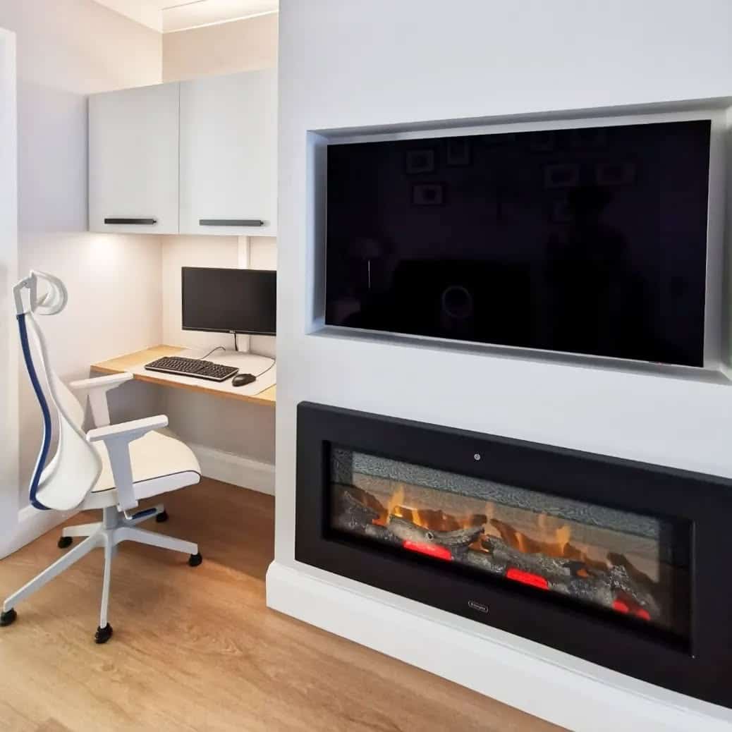 10. Compact Living Room Office with Fireplace in White and Light Wood - living room office ideas