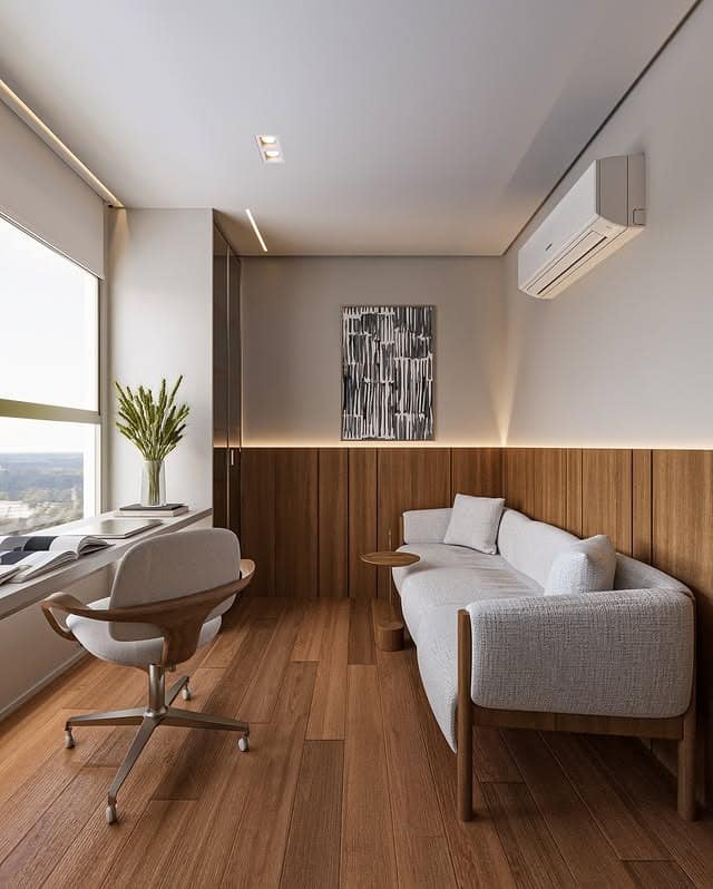 11. Refined Living Room Office in Walnut and Soft Gray - living room office ideas